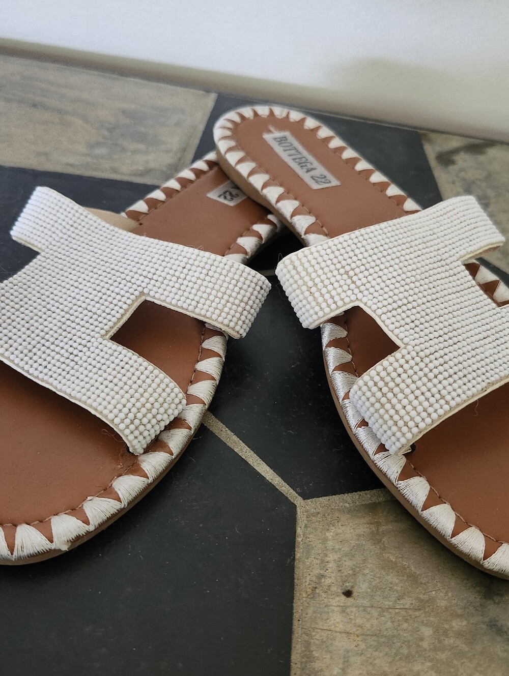 Bottega 22 White Beaded Slide Sandals
